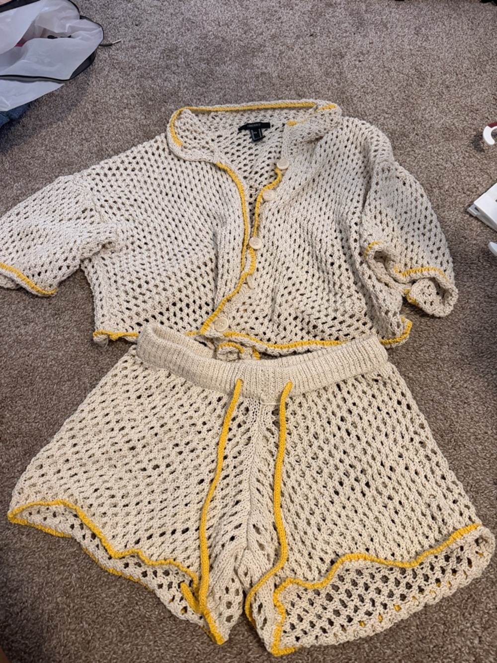 Forever 21 Cream Crochet Two-Piece Set with Yellow Trim